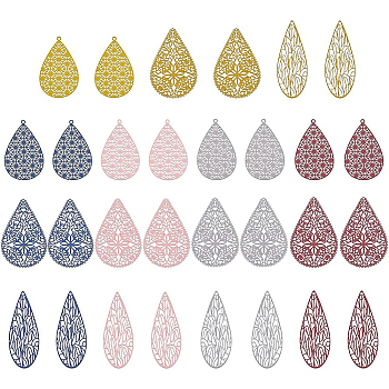 30Pcs 15 Style 430 Stainless Steel Filigree Pendants, Spray Painted, Etched Metal Embellishments, Teardrop, Mixed Color, 35~45x17.5~26.5x0.5mm, Hole: 1~1.4mm, 2pcs/style