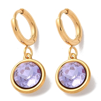 PVD Vacuum Plating 304 Stainless Steel Hoop Earrings, with Rhinestone, Flat Round, Tanzanite, 26x10.5mm