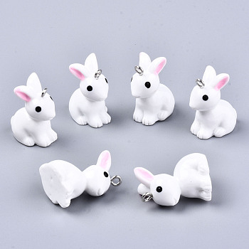 Resin Pendants, with Platinum Tone Iron Loops, 3D Rabbit, White, 23~24x13~14x19mm, Hole: 2mm