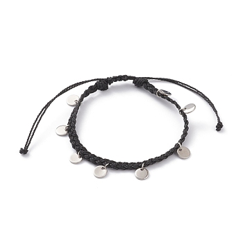 Waxed Polyester Cord Braided Bead Bracelets, with Flat Round 304 Stainless Steel Stamping Blank Tag Charms, Black, Inner Diameter: 2-1/4~3-7/8 inch(5.8~9.8cm)