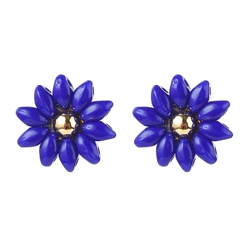 (Jewelry Parties Factory Sale)Seed Beads Stud Earrings, with 304 Stainless Steel Earring Findings and Ear Nuts, Flower, Golden, Medium Blue, 14.5x15.5mm, Pin: 0.6mm