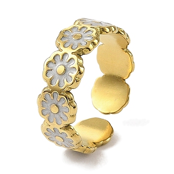 Flower 304 Stainless Steel Enamel Open Cuff Rings for Women, Real 18K Gold Plated, 6.5mm, Inner Diameter: Adjustable