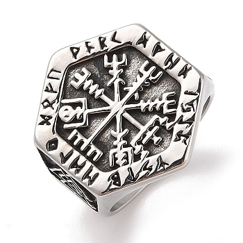 Viking 304 Stainless Steel Vegvisir Wide Finger Rings for Mens, Antique Silver, Hexagon, US Size 9(18.9mm)