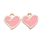 Alloy Enamel Pendants, Heart Charms, Rack Plating, Golden, Pink, 12x11.5x1mm, Hole: 1.6mm(ENAM-G235-01G)