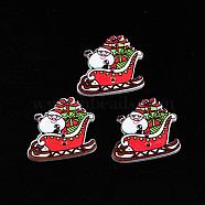 Christmas 2-Hole Spray Painted Maple Wooden Buttons, Single-Sided Printed, Sleigh with Santa Claus, Red, 27x30x2mm, Hole: 1.8mm(WOOD-N005-39)
