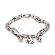 304 Stainless Steel Triple Layered Multi-strand Bracelet, Flower Charm Bracelet for Women, Stainless Steel Color, 7-1/2 inch(19cm)(STAS-E160-29P)