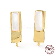 925 Sterling Silver Stud Earring Findings, with Shell, for Half Drilled Pearl Beads, Rectangle, Real 18K Gold Plated, 9.5x3mm, Pin: 0.7mm & 0.8mm(STER-G036-09G)