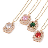 304 Stainless Steel Cable Chain Necklaces, Brass with Cubic Zirconia Pendant Necklaces, Real 18K Gold Plated, Rectangle, Mixed Color, 15.94 inch(405mm)(NJEW-P309-04G)