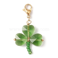 Glass Beads Pendants Decorations, with 304 Stainless Steel Lobster Claw Clasps and Solid Round Brass Beads, Clover, Green, 41mm(HJEW-TA00030)