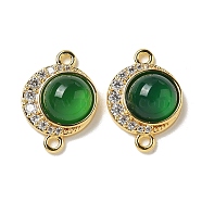 Brass Micro Pave Clear Cubic Zirconia Connector Charms, Flat Round Natural Green Onyx Agate(Dyed & Heated) Links, Real 18K Gold Plated, 17.5x12.5x5.5mm, Hole: 1.5mm(KK-R210-30G-01)