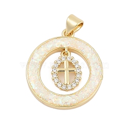 Brass Micro Pave Cubic Zirconia Pendants, Flat Round with Cross Charms, with Synthetic Opal, Long-Lasting Plated, Rack Plating, Lead Free & Cadmium Free, Real 18K Gold Plated, 24x21x2.5mm, Hole: 5x3mm(KK-I723-35G)