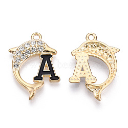 Alloy Enamel Pendants, with Crystal Rhinestone, Cadmium Free & Lead Free, Dolphin with Initial Letter A, Light Gold, 27x19x2.5mm, Hole: 1.8mm(ENAM-T013-09KC-A)