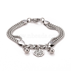 Non-Tarnish 201 Stainless Steel Triple Layered Multi-strand Bracelet, 304 Stainless Steel Clasps , Flower Charm Bracelet for Women, 304 Stainless Steel Clasps , Stainless Steel Color, 7-1/2 inch(19cm)(STAS-E160-29P)