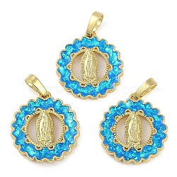 Rack Plating Brass Pendants, with Synthetic Opal, Long-Lasting Plated, Lead Free & Cadmium Free, Flat Round with Virgin Mary Pattern, Real 18K Gold Plated, 20x18x3mm, Hole: 3x5mm(KK-U032-20G-03)