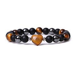 Natural Tiger Eye Heart Beaded Stretch Bracelet, 7-1/2 inch(19cm)(PW-WG70241-03)