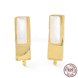 925 Sterling Silver Stud Earring Findings, with Shell, for Half Drilled Pearl Beads, Rectangle, Real 18K Gold Plated, 9.5x3mm, Pin: 0.7mm & 0.8mm(STER-G036-09G)