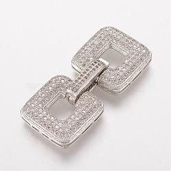 Brass Micro Pave Cubic Zirconia Fold Over Clasps, Square, Platinum, 37x17x4.5mm, Hole: 0.5mm(ZIRC-J016-10P)