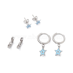 3 Pairs 3 Style Enamel Star with Evil Eye Dangle Hoop Earrings, 304 Stainless Steel Stud Earrings for Women, Stainless Steel Color, 7.5~27mm, Pin: 1mm, 1 Pair/style(EJEW-B020-07P)
