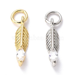 Brass Micro Pave Clear Cubic Zirconia Pendants, Feather, Mixed Color, 15x4x3mm, Hole: 3.6mm, Jump Ring: 5x0.7mm, Hole: 3.6mm(ZIRC-F125-03)