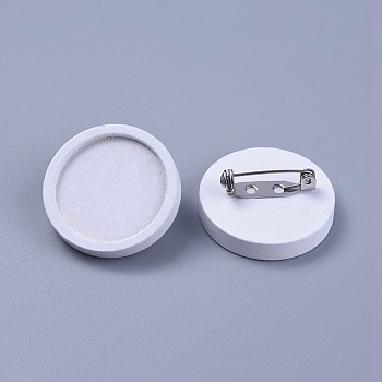Stainless Steel Brooch Cabochon Bezel Settings, with Wood Tray, Flat Round, White, Tray: 25mm, 31x5mm