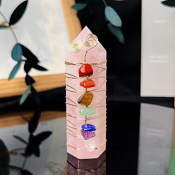 Wire Wrapped Tower Natural Rose Quartz Healing Stone Wands, with Natural Gemstone Chip, for Reiki Chakra Meditation Therapy Decos, Hexagon Prism, 65~70mm