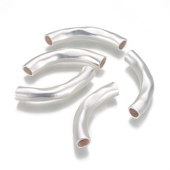 Brass Curved Tube Beads, Curved Tube Noodle Beads, Long-Lasting Plated, Matte Silver Color, 42x6.5mm, Hole: 4.5~5mm