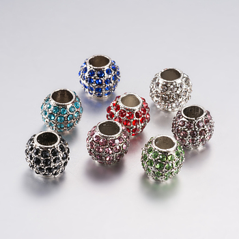 Alloy Rhinestone European Beads, Large Hole Beads, Rondelle, Platinum, Mixed Color, 10.5x9.5mm, Hole: 5mm
