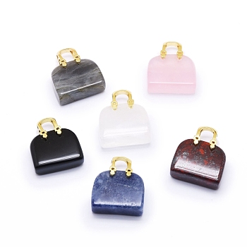 Natural & Synthetic Gemstone Brass Pendants, Golden, Bag, 27~29x24~26x9~13mm, Hole: 6mm