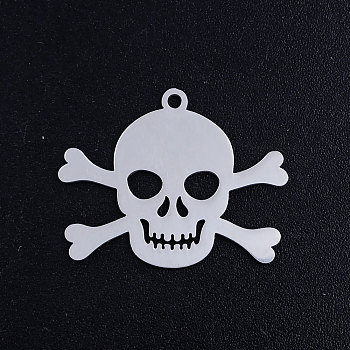 201 Stainless Steel Pendants, Pirate Style Skull, Stainless Steel Color, 12x15x1mm, Hole: 1.5mm