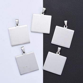 304 Stainless Steel Pendants, Manual Polishing, Blank Stamping Tags, Square, Stainless Steel Color, 35x30x1.8mm, Hole: 4.5x9mm
