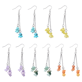 5Pair Brass Dangle Earring, with Natural & Synthetic Gemstone Chip, 73mm