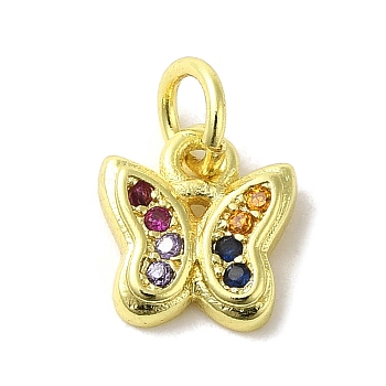 Real 18K Gold Plated Brass Pave Cubic Zirconia Pendants, with Jump Rings, Butterfly, Colorful, 8.5x8x2mm, Hole: 3mm