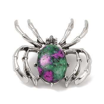 Natural Ruby in Zoisite Brooches, with Alloy Findings, Spider, Antique Silver, 37x34x8mm