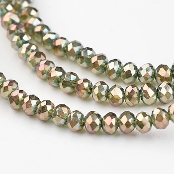 Electroplate Glass Beads Strands,  Full Rainbow Plated, Faceted Rondelle, Olive Drab, 3x2mm, Hole: 1mm, about 170pcs/strand, 15 inch