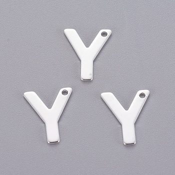 201 Stainless Steel Charms, Letter, Silver Color Plated, Letter.Y, 11x9x0.7mm, Hole: 1mm