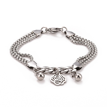 304 Stainless Steel Triple Layered Multi-strand Bracelet, Flower Charm Bracelet for Women, Stainless Steel Color, 7-1/2 inch(19cm)