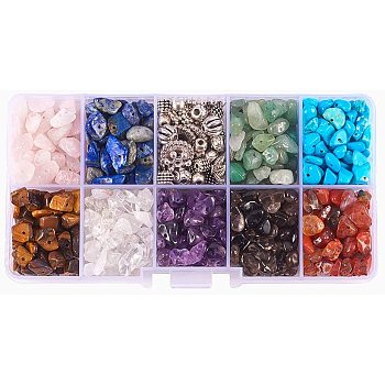 DIY Spacer Beads Making, with Natural & Synthetic Mixed Gemstone Chip Beads, Mixed Style Tibetan Style Alloy Bead Caps and Tibetan Style Alloy Spacer Beads, Antique Silver, 130x68x21mm