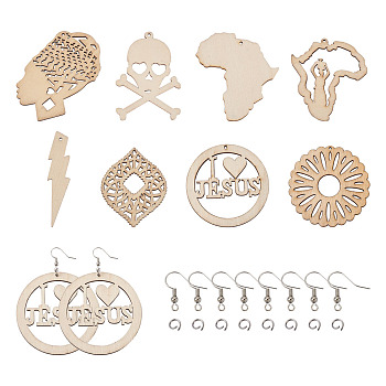 DIY Earring Making Kits, Including Undyed Wooden Big Pendant & Unfinished Wood Pendants & Undyed Natural Wood Filigree Joiners Links, with Stainless Steel Jump Rings and Brass Earring Hooks, Mixed Color