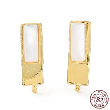 925 Sterling Silver Stud Earring Findings, with Shell, for Half Drilled Pearl Beads, Rectangle, Real 18K Gold Plated, 9.5x3mm, Pin: 0.7mm & 0.8mm