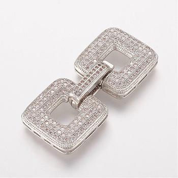 Brass Micro Pave Cubic Zirconia Fold Over Clasps, Square, Platinum, 37x17x4.5mm, Hole: 0.5mm