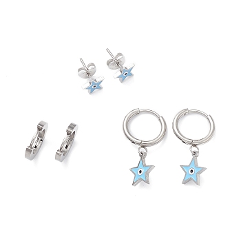 3 Pairs 3 Style Enamel Star with Evil Eye Dangle Hoop Earrings, 304 Stainless Steel Stud Earrings for Women, Stainless Steel Color, 7.5~27mm, Pin: 1mm, 1 Pair/style