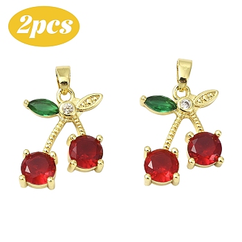 2Pcs Brass Micro Pave Cubic Zirconia Pendants, Real 18K Gold Plated, Cherry, 18.5x15x4.5mm, Hole: 4.5x2mm