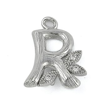 Brass Crystal Rhinestone Letter Links Connector Charms, Real Platinum Plated, Letter R, 15x12x4mm, Hole: 1.2mm and 1.5mm