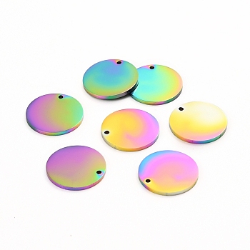 Ion Plating(IP) 304 Stainless Steel Charms, Polished, Stamping Blank Tag, Laser Cut, Flat Round, Rainbow Color, 15x1mm, Hole: 1.2mm