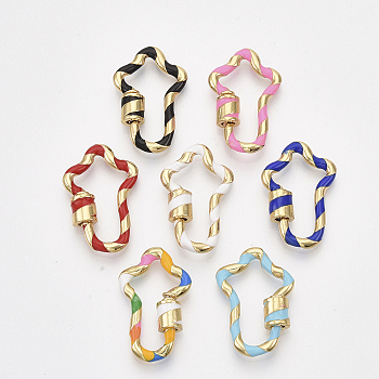 Golden Plated Brass Screw Carabiner Lock Charms, for Necklaces Making, with Enamel, Cross, Mixed Color, 25.5x16x2.5~5.5mm