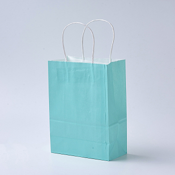 Pure Color Kraft Paper Bags, Gift Bags, Shopping Bags, with Paper Twine Handles, Rectangle, Cyan, 33x26x12cm