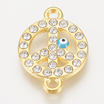 Alloy Rhinestone Links connectors, Cadmium Free & Lead Free, Flat Round with Peace Sign and Evil Eye, Sky Blue, Golden, 22.5x16x2mm, Hole: 1.5mm