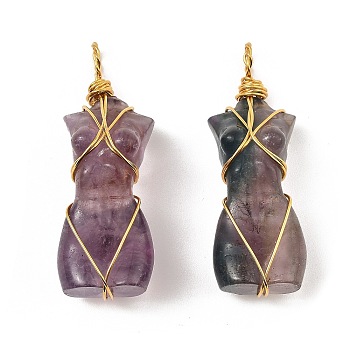 Natural Fluorite Pendants, with Golden Tone Rack Plating Brass Wire Wrap, Long-Lasting Plated, Lead Free & Cadmium Free, Human, 52x18.5x2.2mm, Hole: 4.8mm