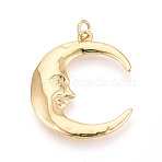 Brass Pendants, Moon & Face Charms, Golden, 30x24.5x3mm, Hole: 3.5mm, Jump Ring: 5x0.5mm, 3.5mm Inner Diameter(KK-T080-16G)