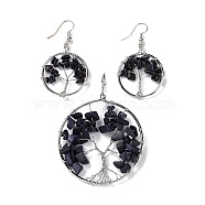 Brass Jewelry Sets, Big Pendants and Dangle Earrings, with Synthetic Blue Goldstone, Platinum, Ring with Tree of Life, 63~67x49~51x1.5~10mm, Hole: 4x5mm, 50~55x28~30x1.5~8mm, Pin: 0.8mm(SJEW-K072-20Y)